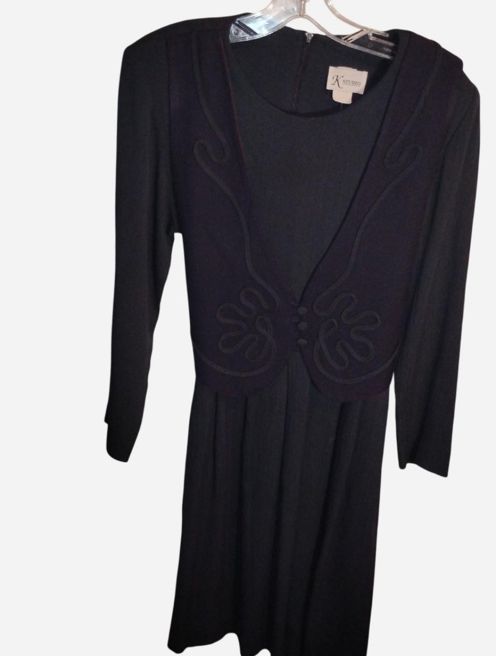 Vintage K Studio Navy Blue Dress with Soutache Trim Vest Overlay Size 12 Made in